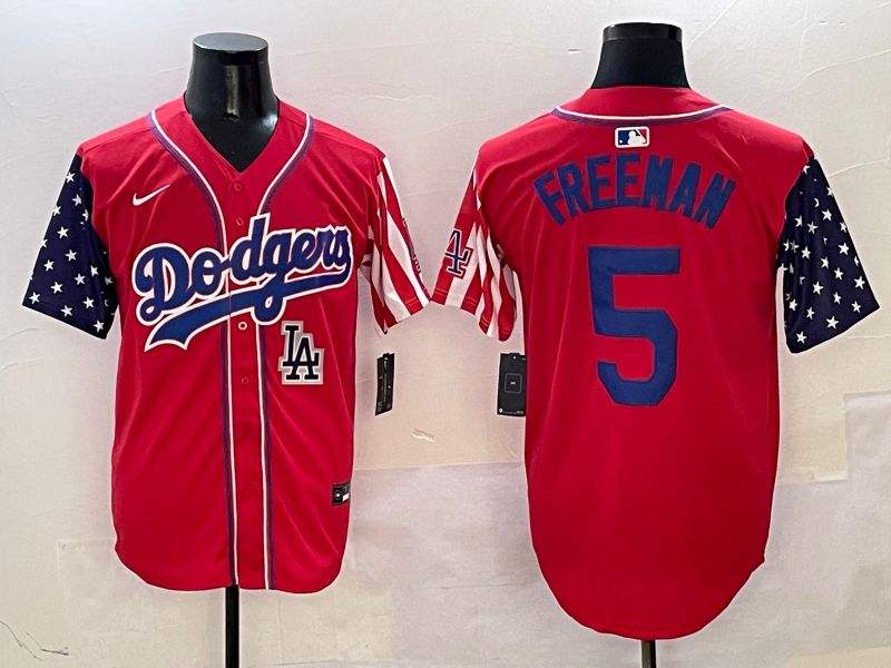 Men Los Angeles Dodgers 5 Freeman Red a generation of national flags Joint name 2025 Nike MLB Jersey style 11